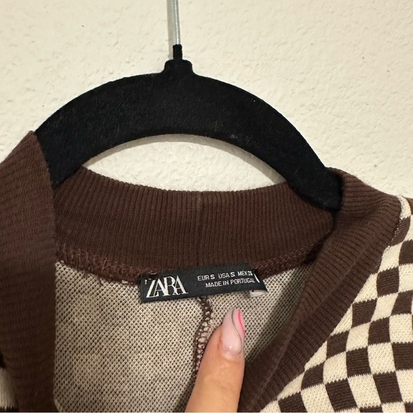 ZARA Brown White Checkered Mock Neck Midi Dress Sleeveless Size Small Women’s - Picture 7 of 8